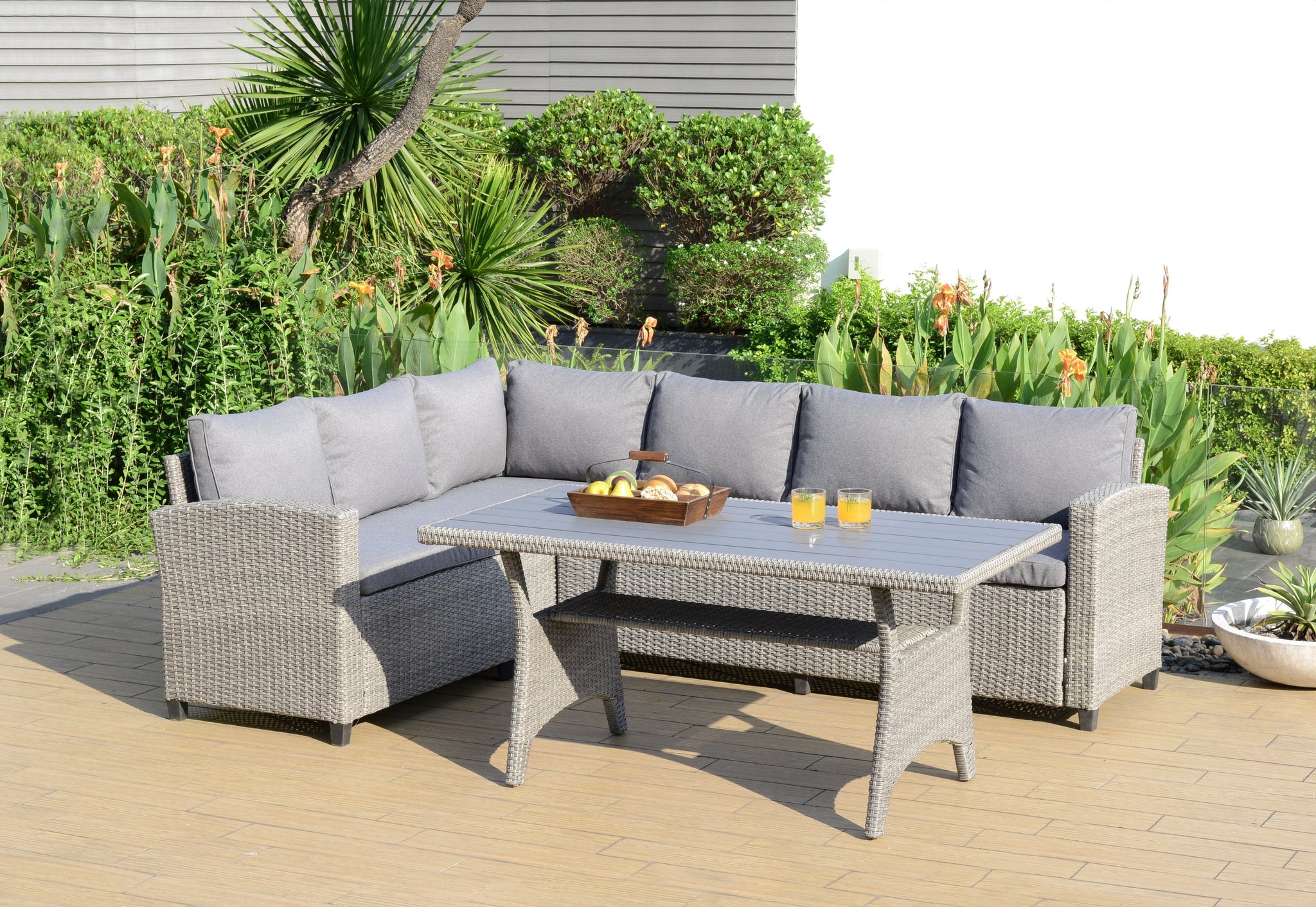 Vinh 3 Piece Wicker Sectional Seating Set - Gray with Cushions
