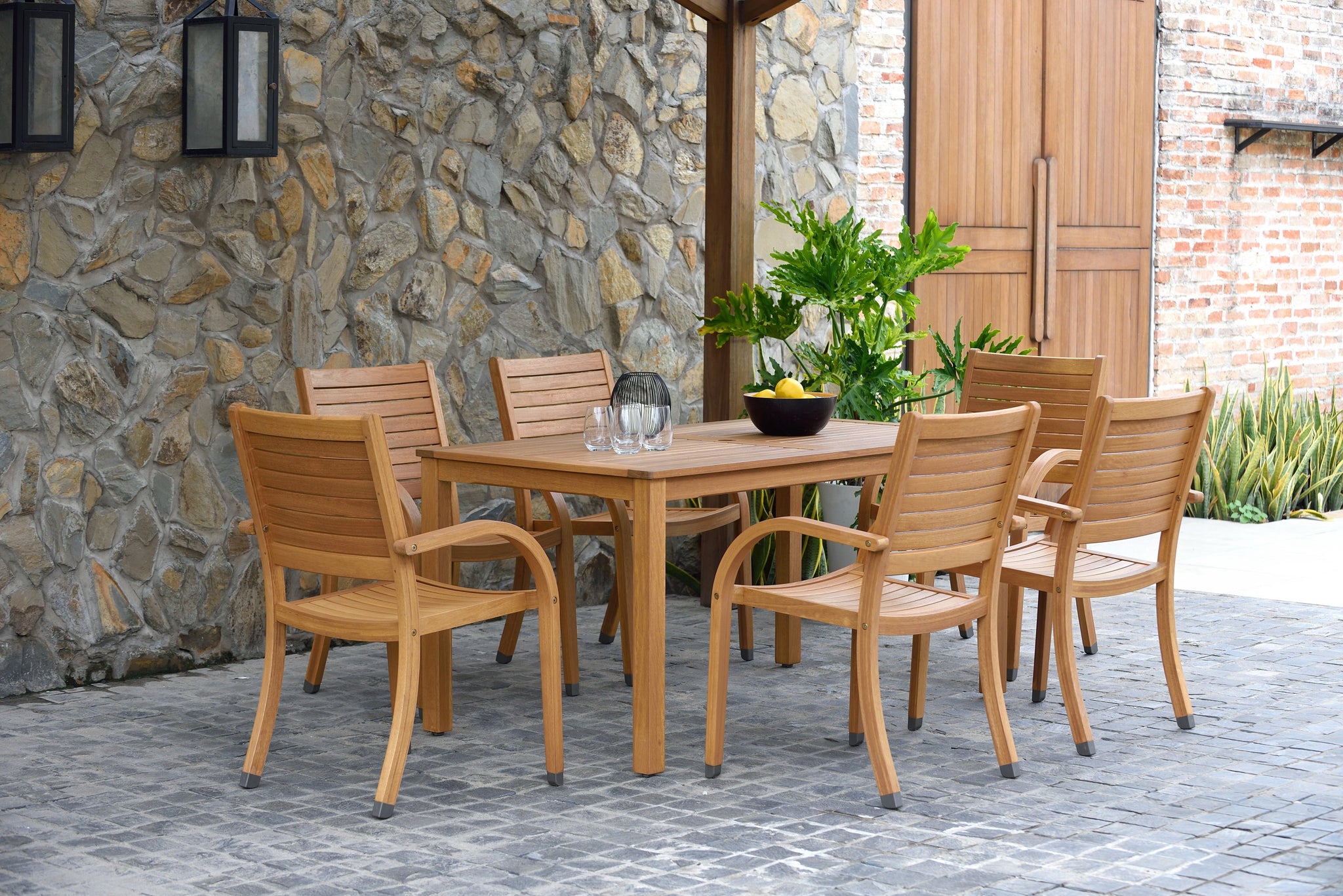 Orlando Rectangular Teak Finish Table & Catalina Stacking Armchair