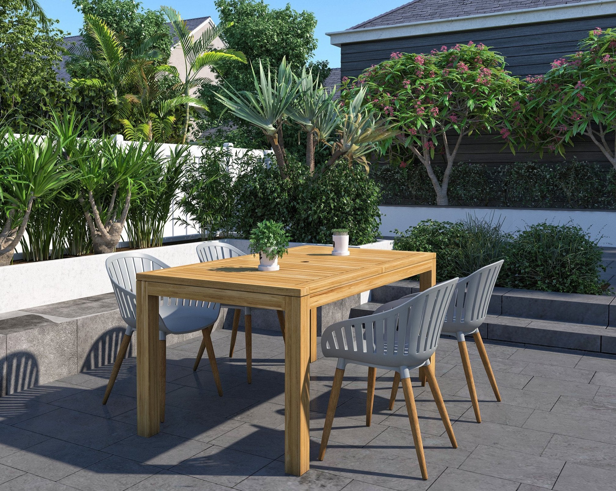 Rinjani Rectangular Teak Table & Nassau Grey Armchairs